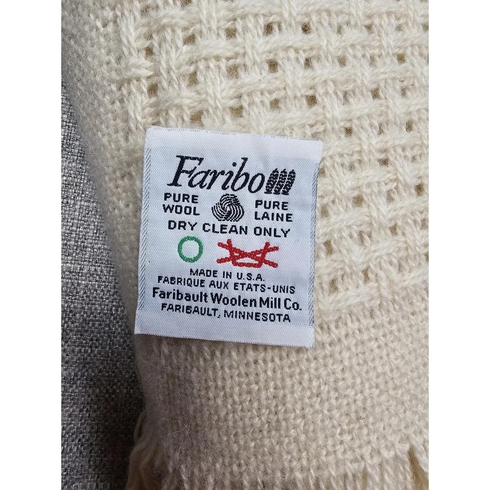 Faribo Wool Throw Blanket 47x60 Beige Waffle Knit Check Fringe USA Made